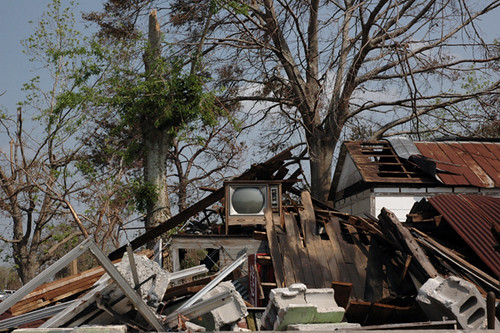 A TV that survived the storm, up on the second floor